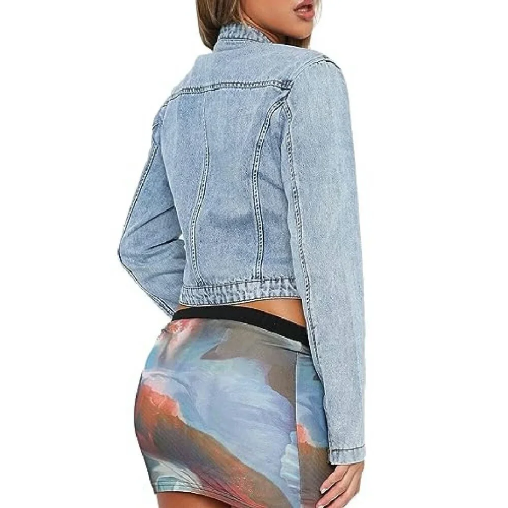 Cropped Denim Jacket with Zip Front, Stretchy Motorcycle Style